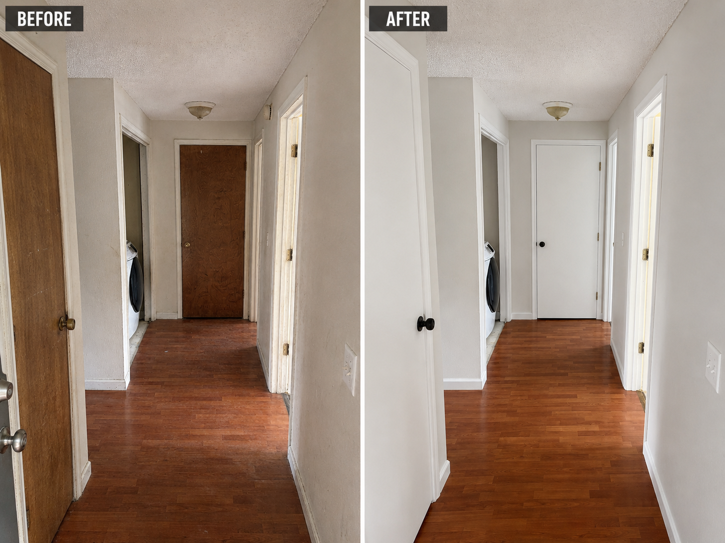 Before and after: hallway interior doors transformed from stained wood to bright white enamel by Image Home Renovations