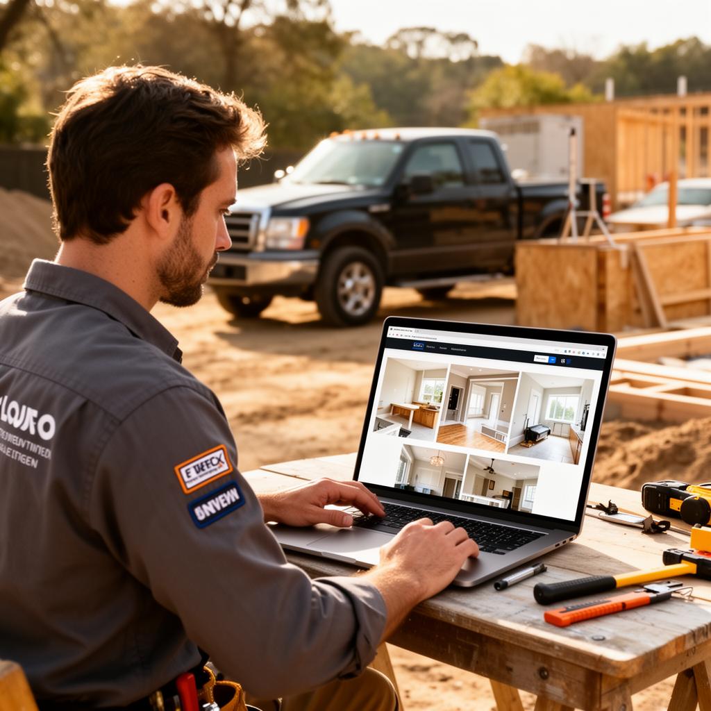 Contractor reviewing a professional remodeling website on a laptop at a job site