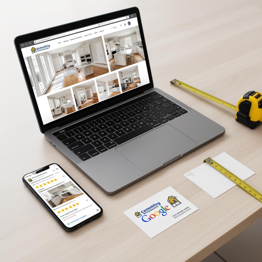 Contractor's professional online presence shown on laptop and phone